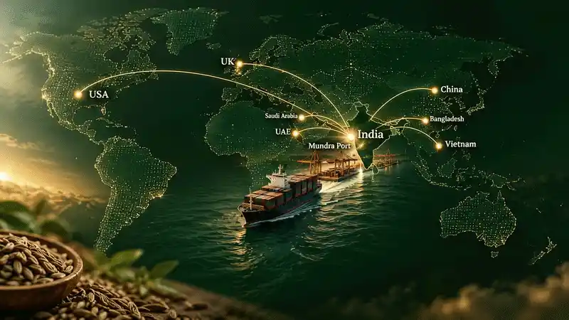 Animated map of Feronex cumin export routes from Mundra Port, India to China, UAE, Saudi Arabia, USA, Bangladesh, UK and Vietnam