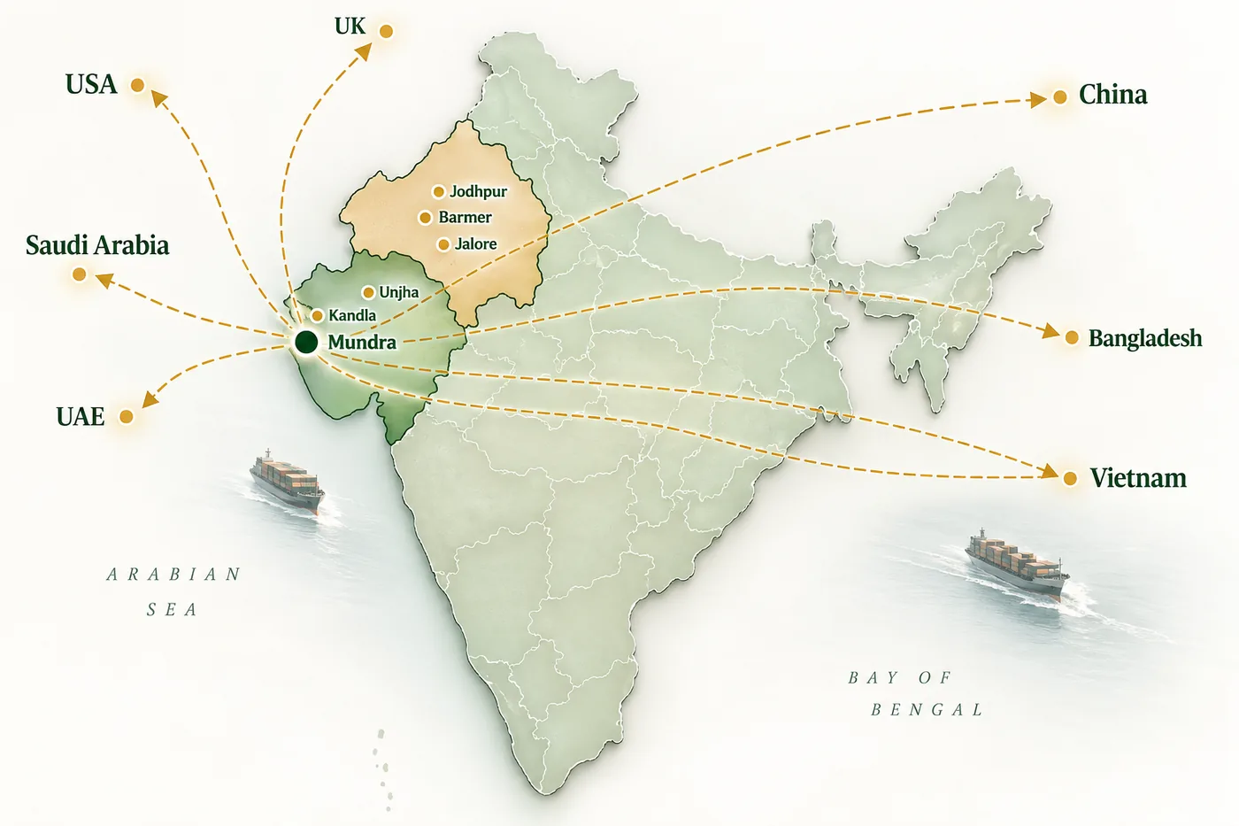 Map of India showing the Feronex cumin sourcing belt — Jodhpur, Barmer and Jalore in Rajasthan, Unjha in Gujarat — and export routes leaving Mundra Port for the UK, USA, Saudi Arabia, UAE, China, Bangladesh and Vietnam